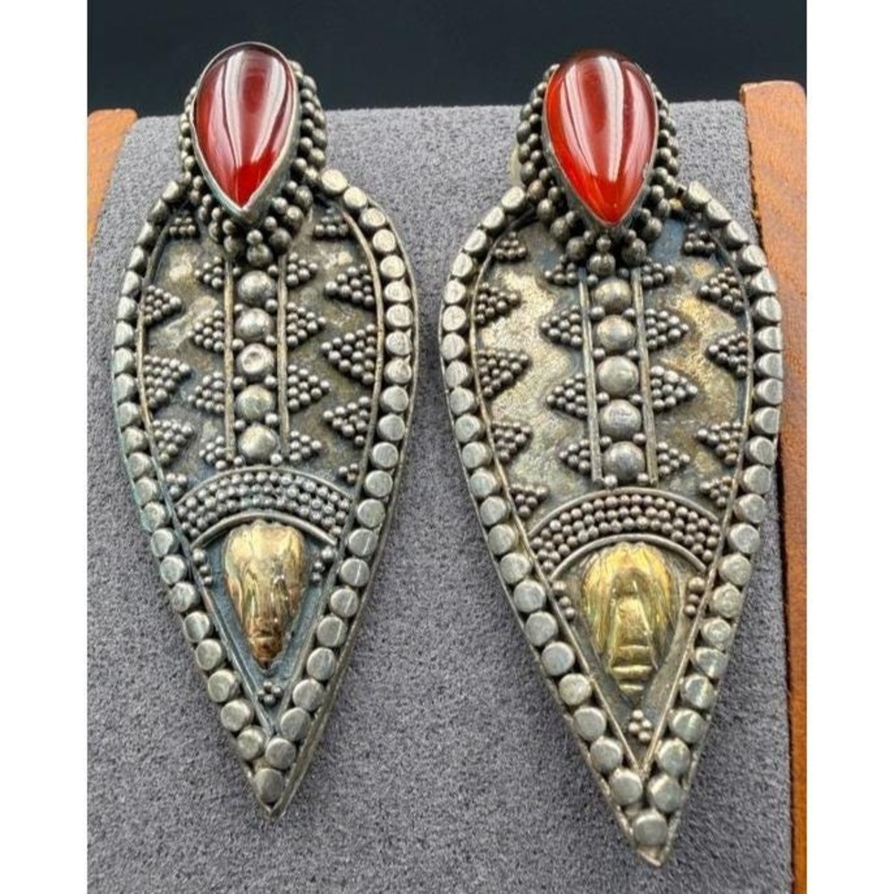 Vintage Sterling Silver Scarab Earrings Egyptian Revival Gold Applied Scarab 2"